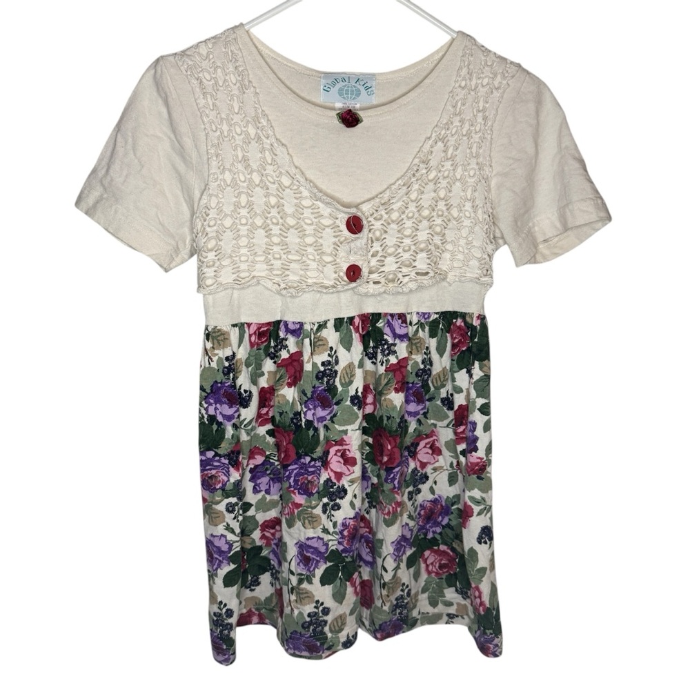 Girls Vintage Floral  Dress with Crochet faux Vest Detail SZ M
